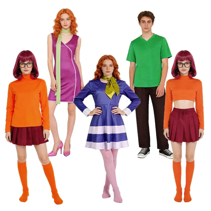 Anime Velma Daphne Cosplay Kostum Orange Short Skirt Uniform Wanita Oranye Kaus Kaki Rok Atas Halloween Party Carnival Set