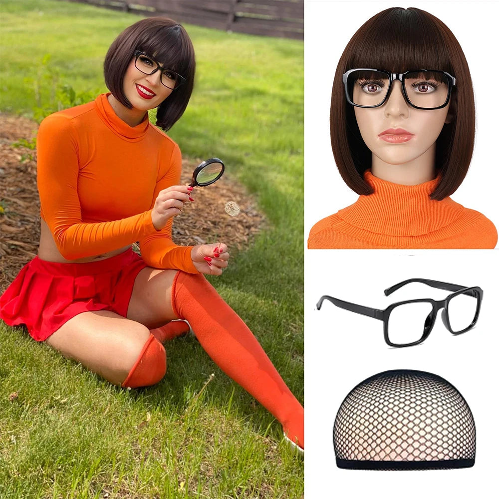 Peluca sintética recta con corte Bob con flequillo, disfraz de fibra marrón hecha a máquina para mujeres y niñas, cosplay de Velma, uso diario para fiestas y Halloween
