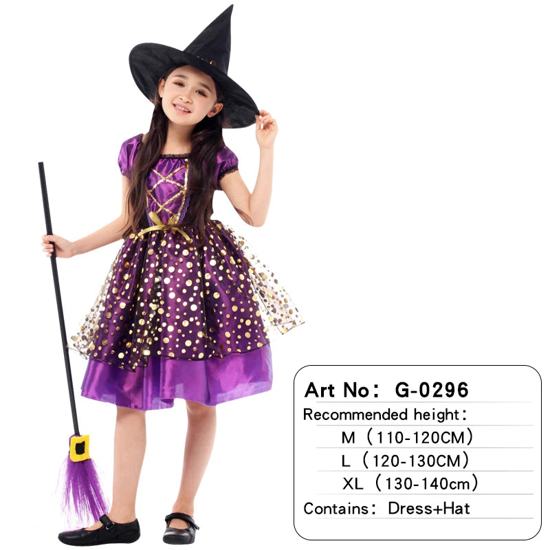 Disfraces de personajes de brujas de Halloween: hermosos vestidos para niñas, juegos de rol infantiles como No broomthe Devil Queen, Witch Carnival