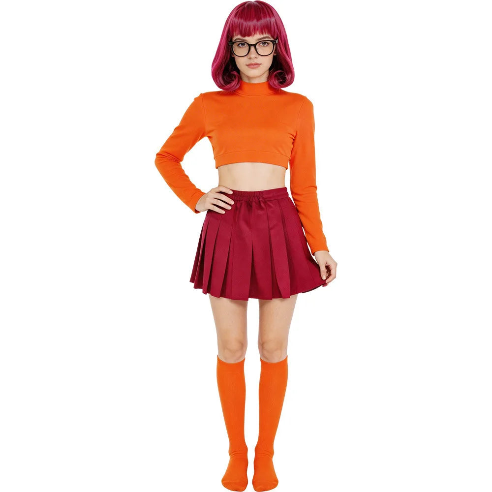 Anime Velma Daphne Cosplay Kostum Orange Short Skirt Uniform Wanita Oranye Kaus Kaki Rok Atas Halloween Party Carnival Set