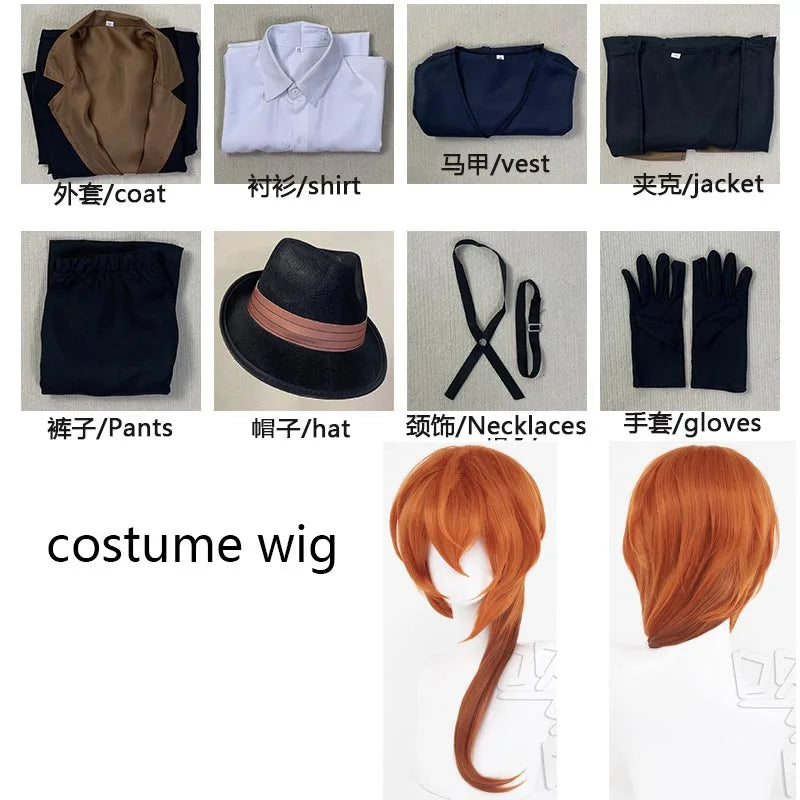 Disfraz de Nakahara Chuuya, incluye sombrero, uniforme, gabardina, pantalones, trajes de talla grande, fiesta de Halloween para Comic Con