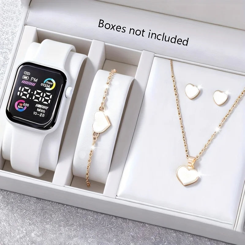 Juego de 6 piezas de reloj electrónico de moda, collar, pendientes, anillo para adolescentes, niños y niñas, la mejor opción para amigos