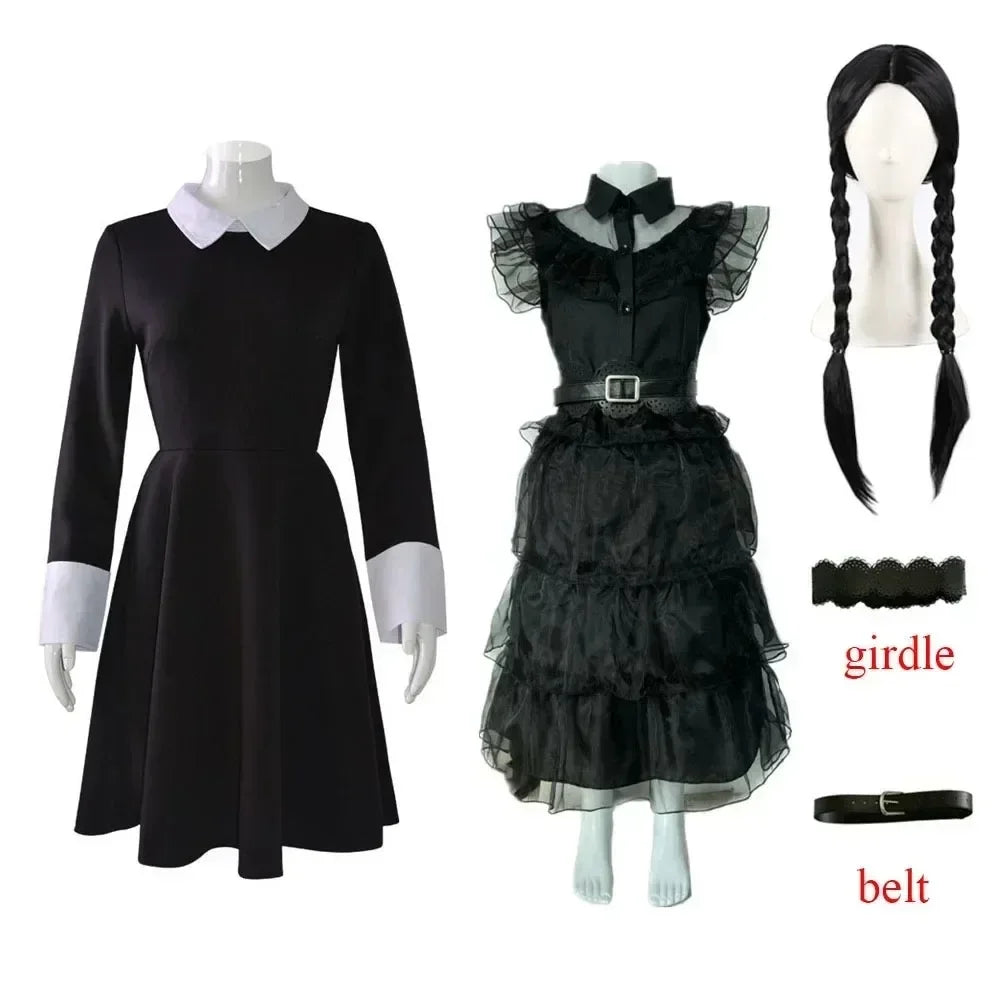 WedAddams Cosplay Costume Women Black Dress Wig Full Set Kids Girls Role Play Gothic Dress Suit Halloween Carnival Party
