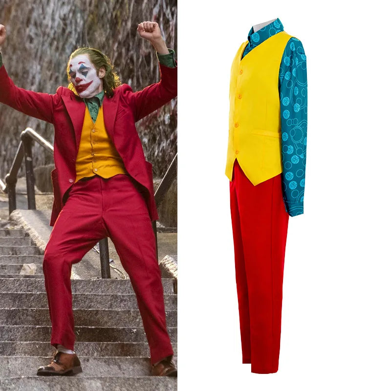 oker Conjunto de disfraces de cosplay - Joaquin Phoenix Arthur Fleck Clown Traje bañado en rojo con peluca verde - Conjunto de uniforme personalizado