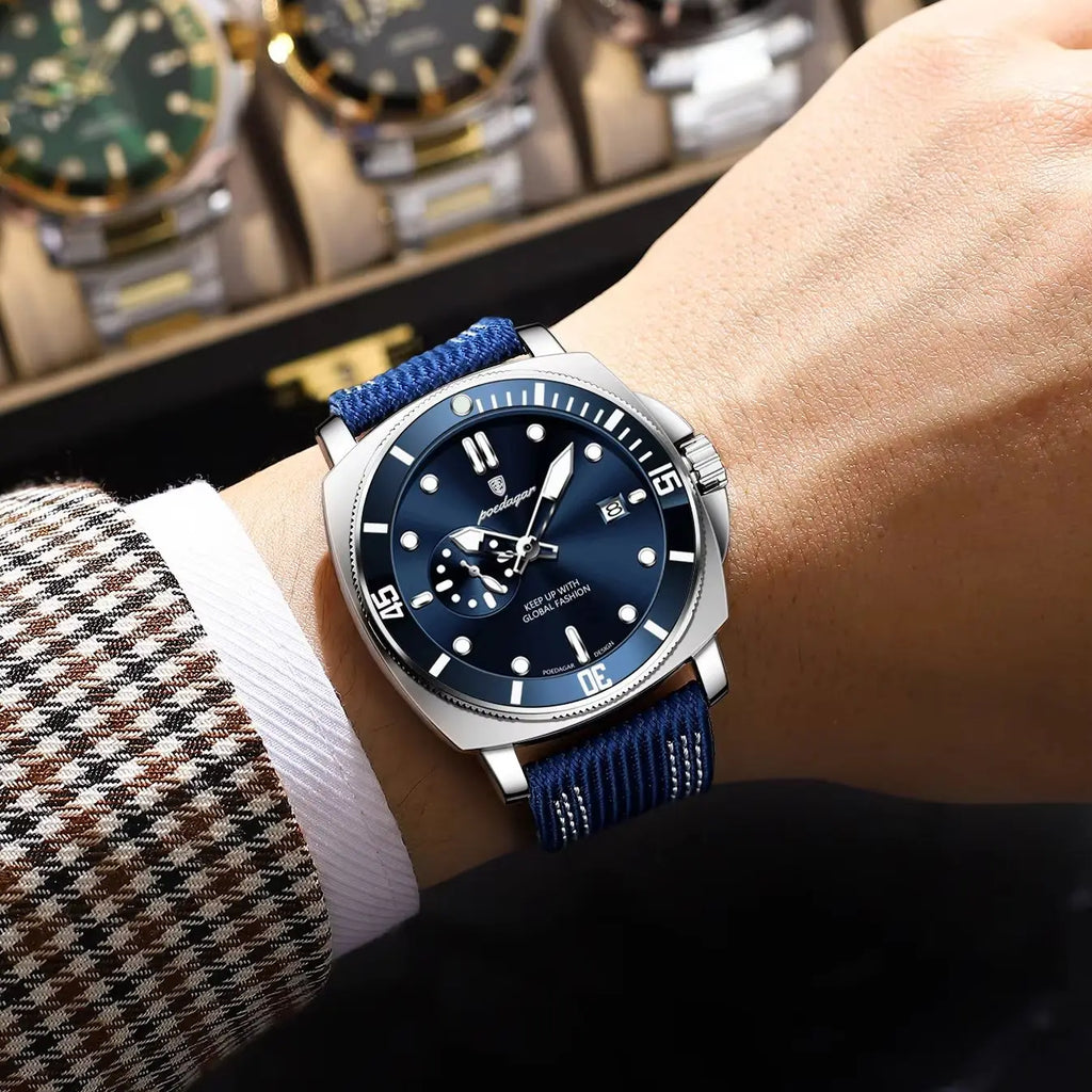 POEDAGAR Top Original Male Wristwatch Luminous Waterproof Date Fashion Men Clock Nylon Leather Quartz Men's Watches Reloj Hombre