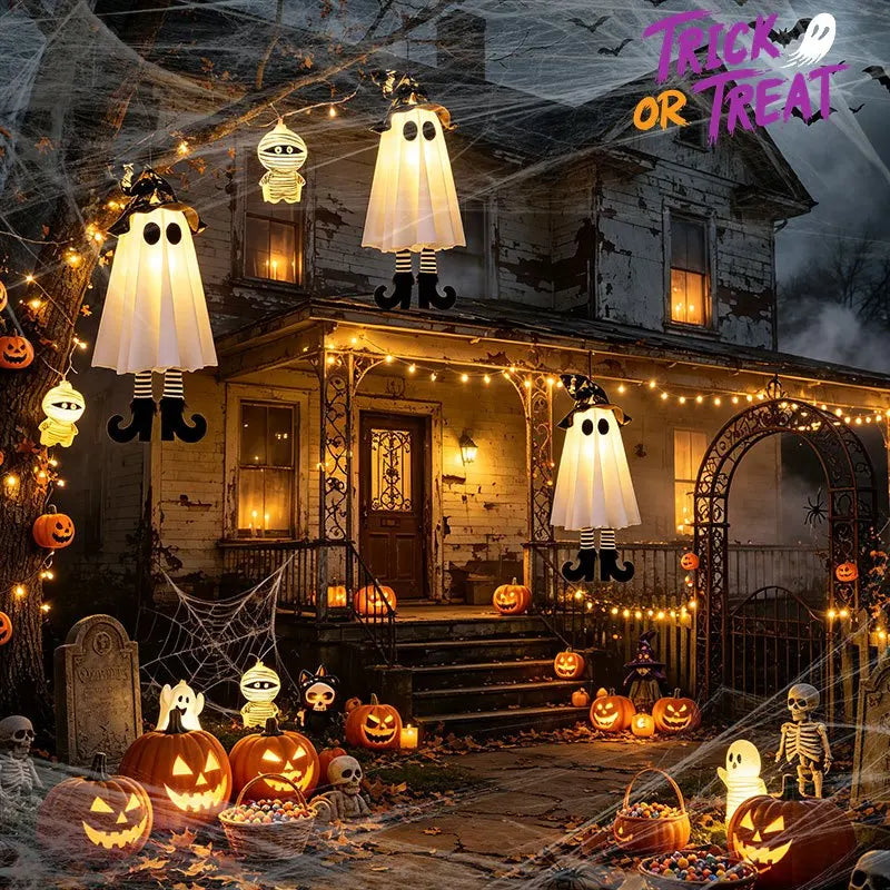 Decoración colgante de fantasma de mago con luz LED de Halloween, lámpara de fantasma de bruja aterradora con luz intermitente, adorno alimentado por batería