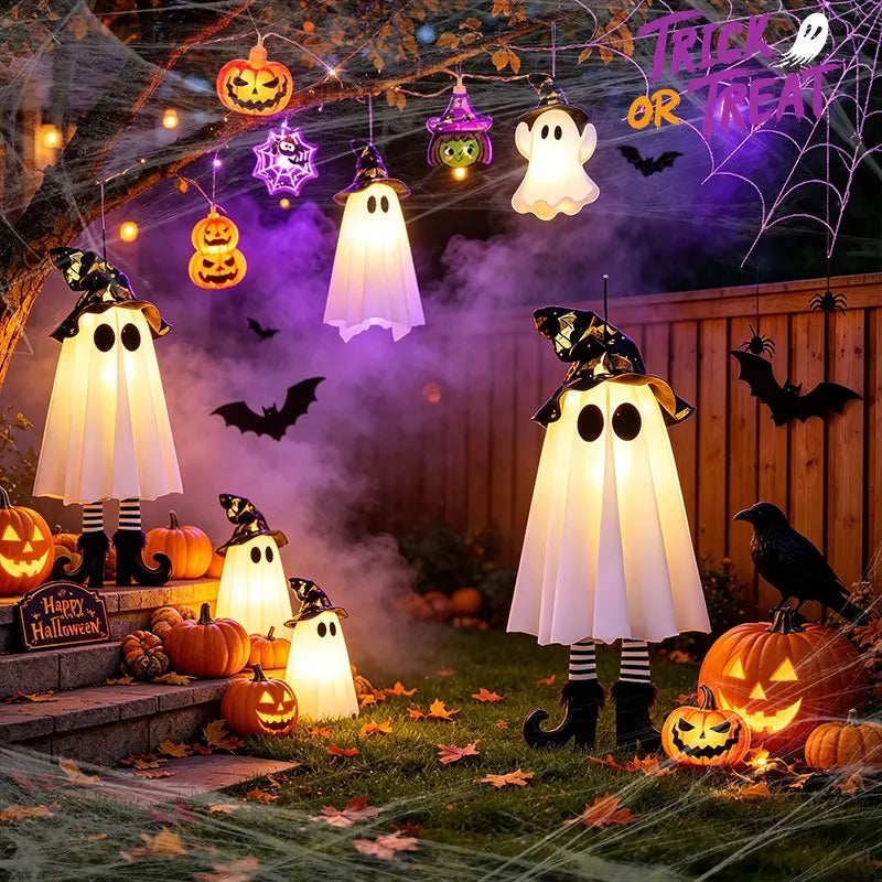 Decoración colgante de fantasma de mago con luz LED de Halloween, lámpara de fantasma de bruja aterradora con luz intermitente, adorno alimentado por batería