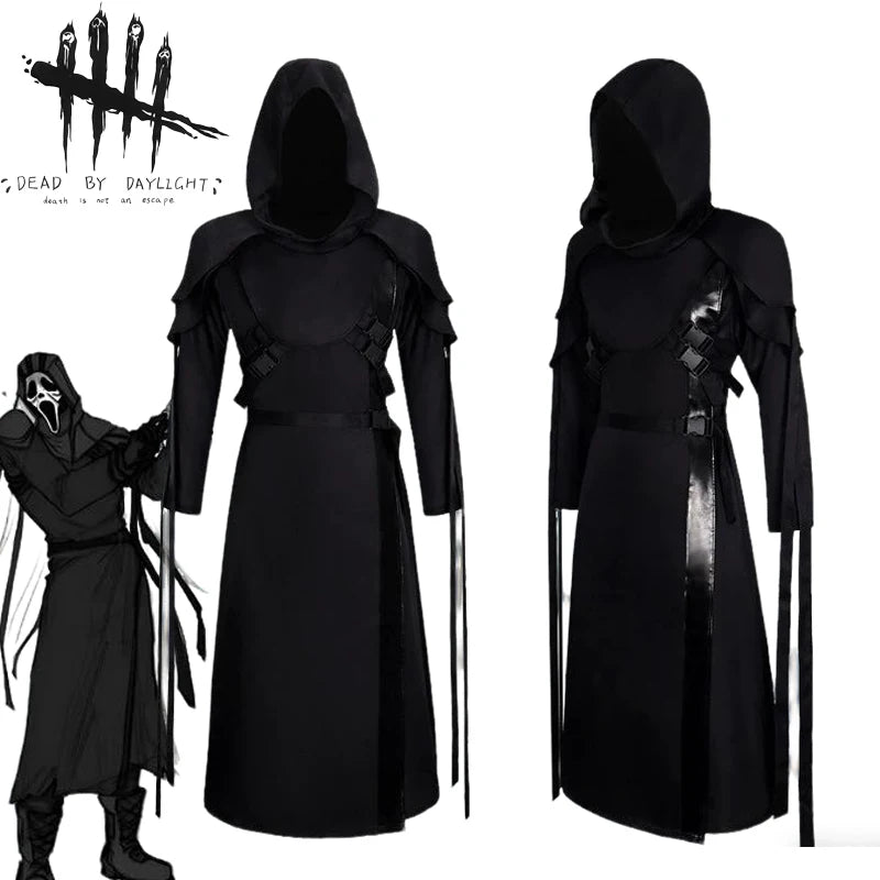 Juego muerto a la luz del día, disfraz de cara de fantasma, disfraz de Cosplay para adulto, capa Unisex, uniforme de carnicero de terror, ropa de Halloween
