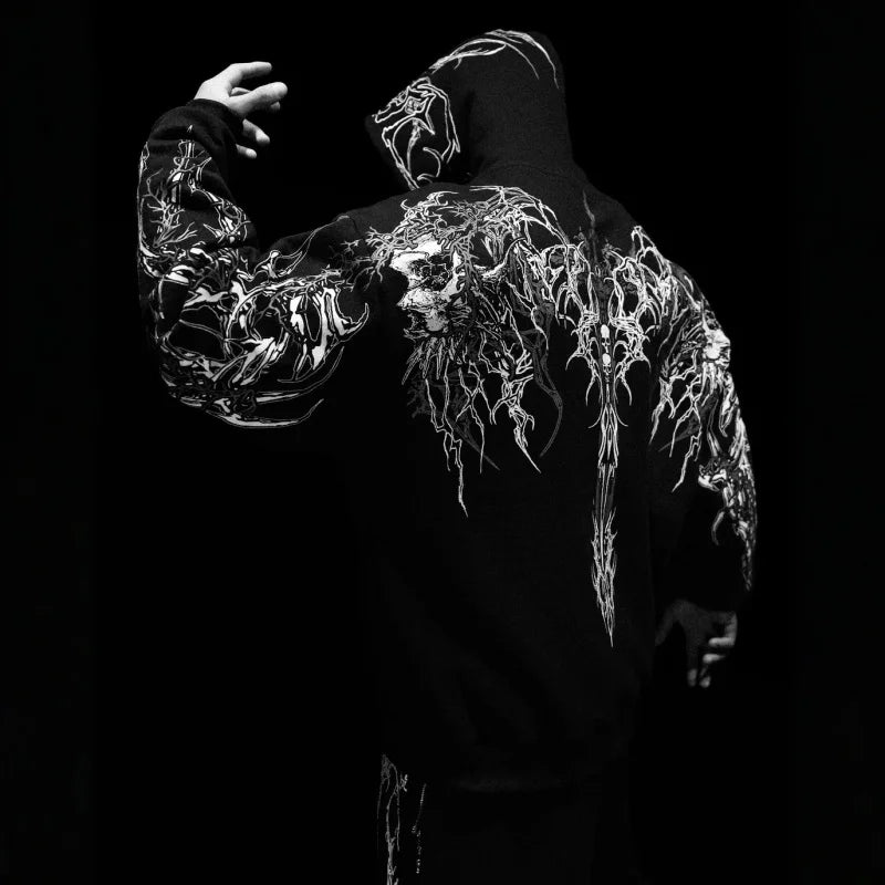 2025New American Style Men's Hooded Sweatshirt Trendy Brand Dark Style Sports Fitness High Street Autumn Winter Men's Sweatshirt