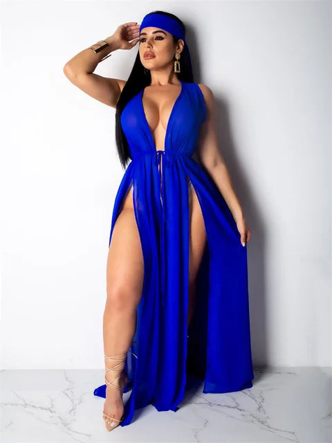 Sexy V-Neck Split Sleeveless Long Dress Pure Color Street Style mid Waist A-Line Skirt Spring Season Women's Fashion Dress
