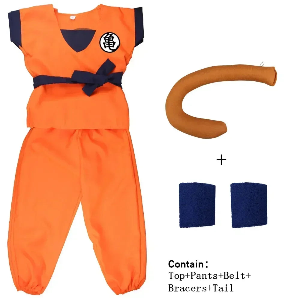 Trajes de Halloween para niños y adultos, Son Goku Gui, Carnaval, Anime, disfraces de vacaciones, peluca de muñeca de cola, vestido azul dorado para niños
