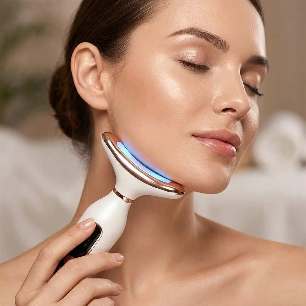 Masajeador Facial y de cuello con luz LED de 7 colores, dispositivo de belleza Facial EMS, pantalla LCD, herramienta de Estiramiento Facial antienvejecimiento para reafirmar la piel