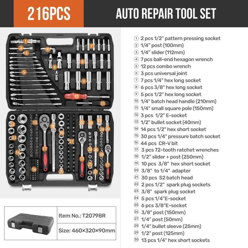 Hi-Spec 216pcs Mechanical Tool Box Hand Tool Kit Mixed Wrenches 1/2" 1/4" 3/8" Socket Set Garage Auto Repair Tool Set
