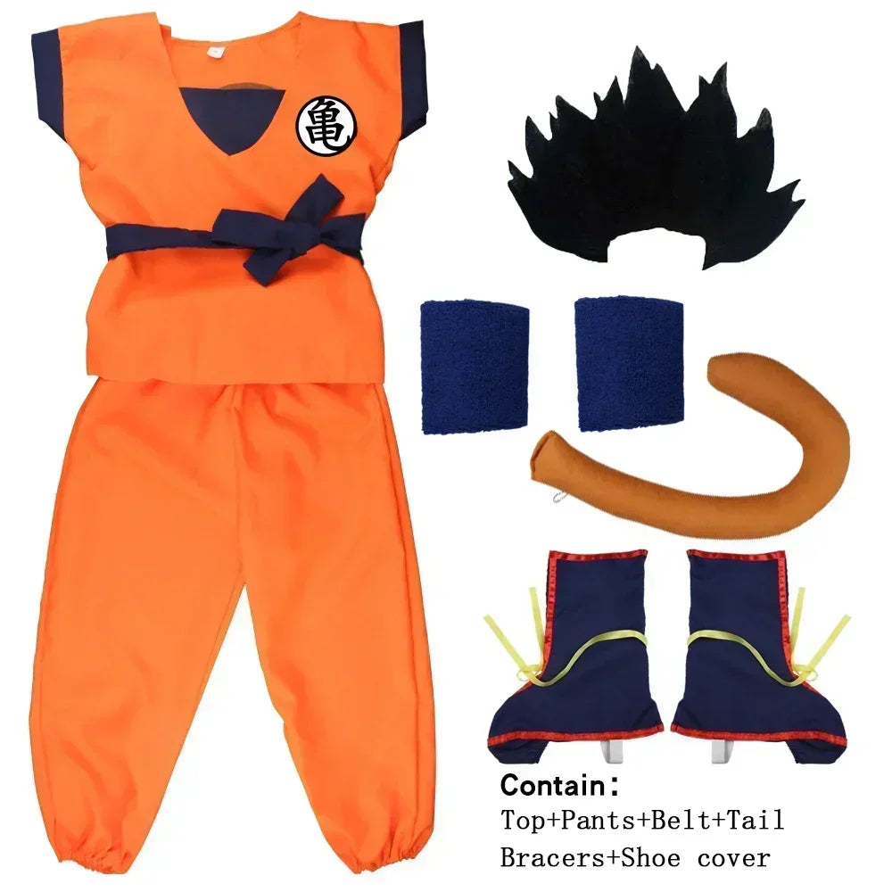 Trajes de Halloween para niños y adultos, Son Goku Gui, Carnaval, Anime, disfraces de vacaciones, peluca de muñeca de cola, vestido azul dorado para niños