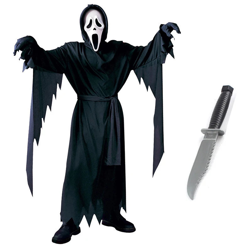 Disfraz de fiesta de Halloween Reaper, disfraz de muerte, disfraz de demonio negro, máscara de calavera aterradora, disfraz de grito para adulto