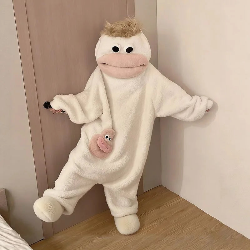 Cartoon Big Mouth Monster Cute Funny Onesie Pajamas For Kids New Autumn Winter Boys Girls Thickened Warm Coral Fleece Loungewear