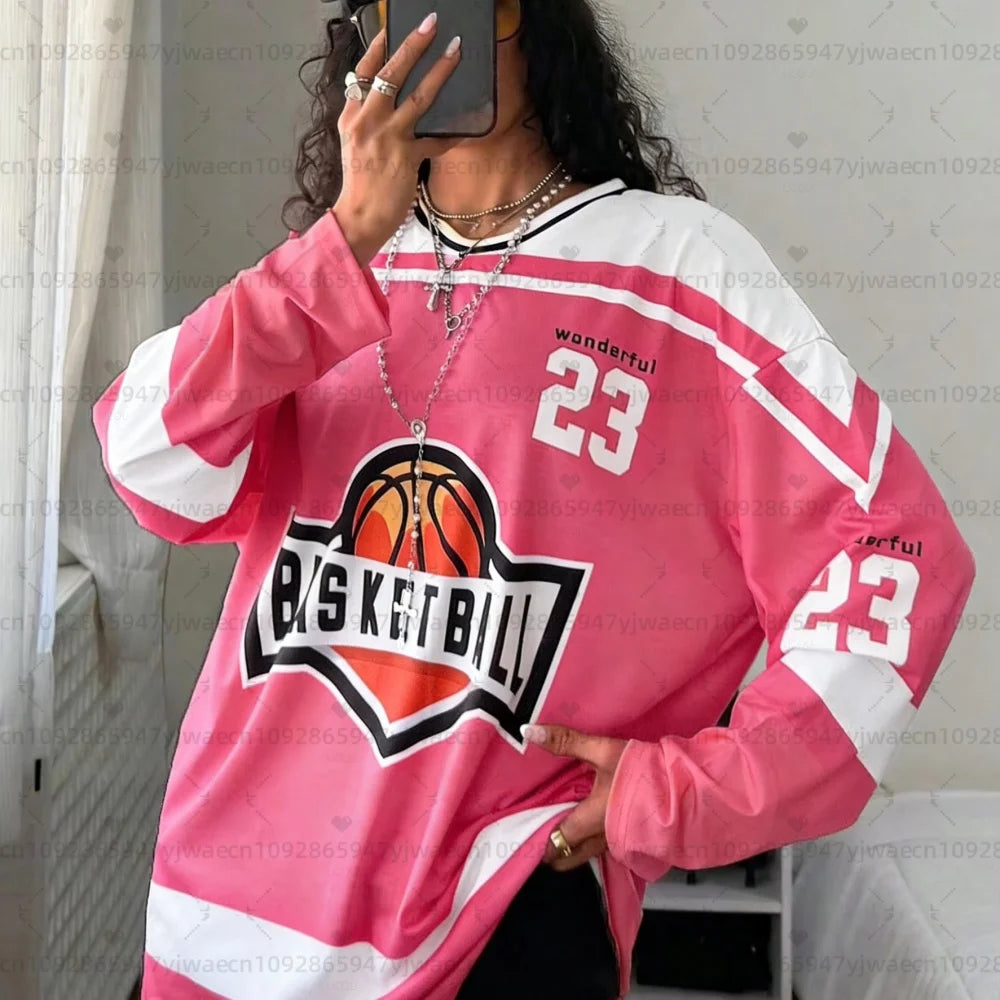 Wonderful 23 V-Neck Loose Long Sleeve Sports Jersey Women Breathable Long Sleeves T-Shirt Oversize V-Neck Basketball T Shirt