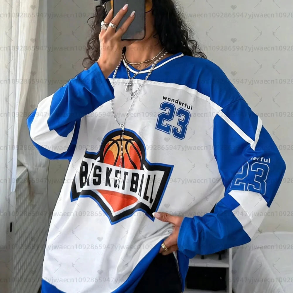 Wonderful 23 V-Neck Loose Long Sleeve Sports Jersey Women Breathable Long Sleeves T-Shirt Oversize V-Neck Basketball T Shirt