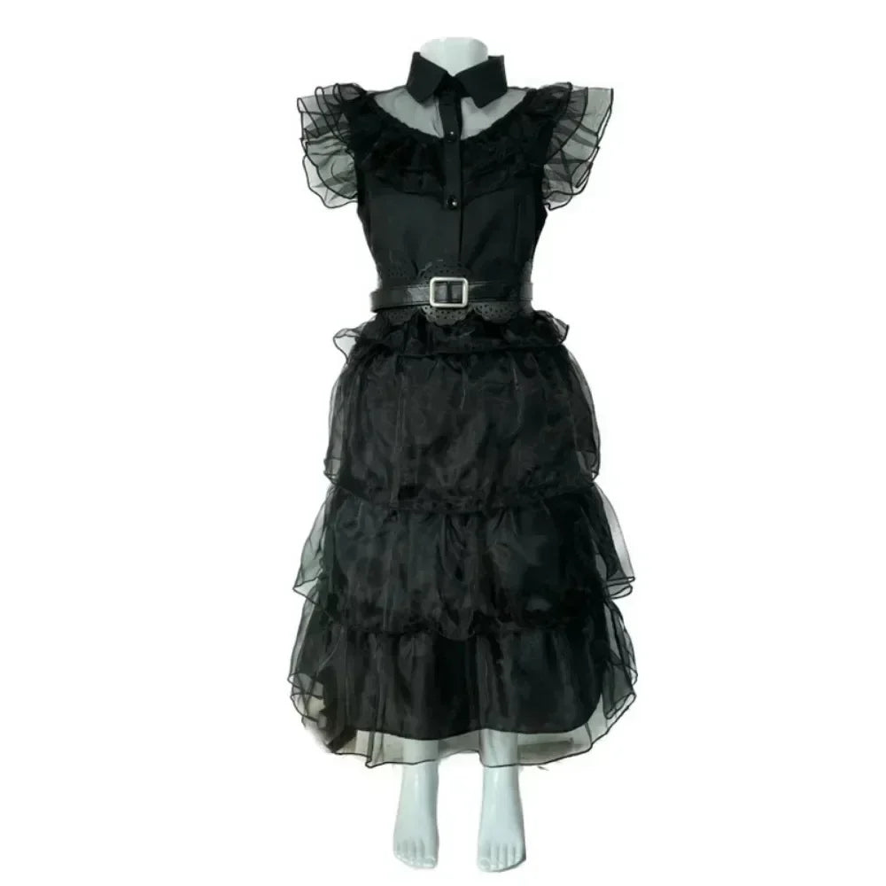 WedAddams Cosplay Costume Women Black Dress Wig Full Set Kids Girls Role Play Gothic Dress Suit Halloween Carnival Party