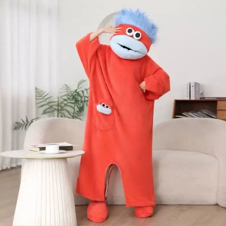 Cartoon Big Mouth Monster Cute Funny Onesie Pajamas For Kids New Autumn Winter Boys Girls Thickened Warm Coral Fleece Loungewear