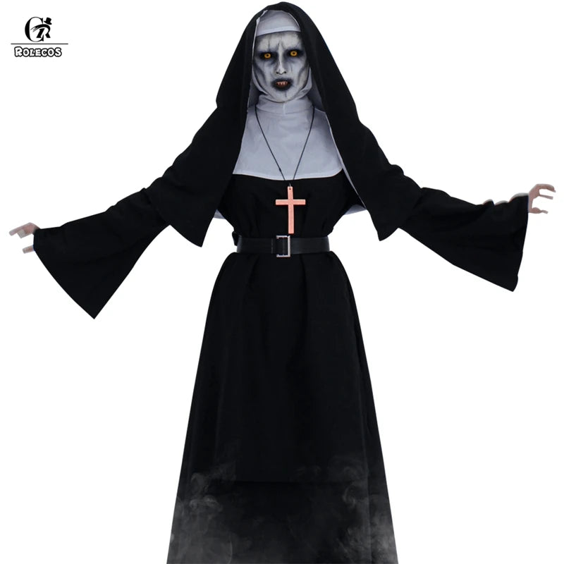 ROLECOS disfraz de monja para Cosplay, películas de terror, disfraz de Halloween de fantasma cruzado, disfraz de Halloween para mujer negra