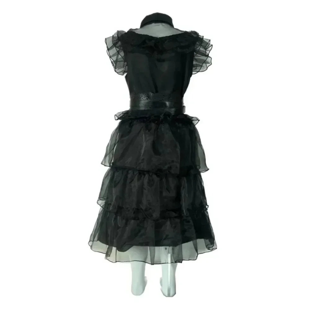 WedAddams Cosplay Costume Women Black Dress Wig Full Set Kids Girls Role Play Gothic Dress Suit Halloween Carnival Party