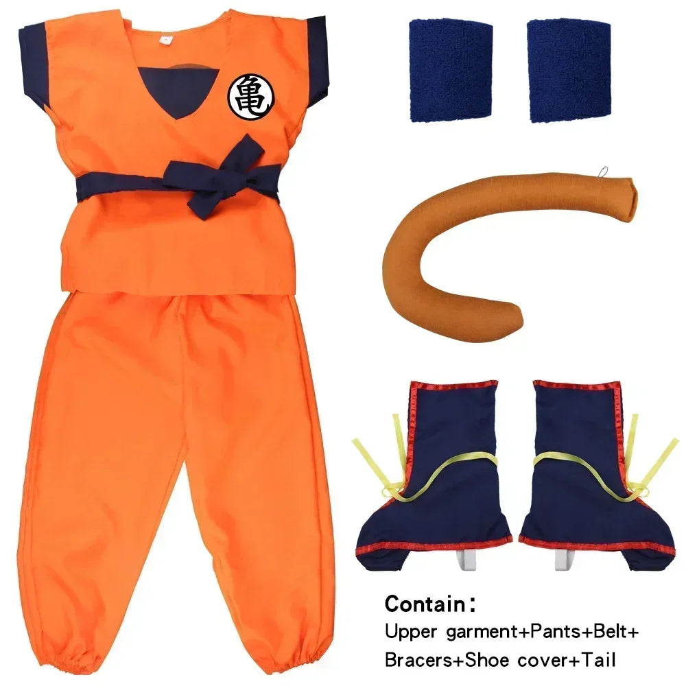 Trajes de Halloween para niños y adultos, Son Goku Gui, Carnaval, Anime, disfraces de vacaciones, peluca de muñeca de cola, vestido azul dorado para niños
