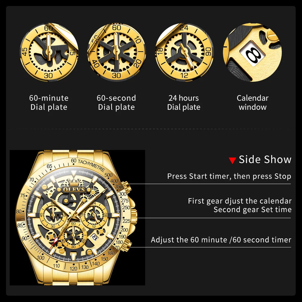 OLEVS Lxuxry Brand Gold Men's Watches Full Skeleton Stainless Steel Chronograph Wristwatch Waterproof Luminous Quartz Watch Men
