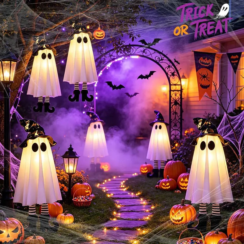 Decoración colgante de fantasma de mago con luz LED de Halloween, lámpara de fantasma de bruja aterradora con luz intermitente, adorno alimentado por batería