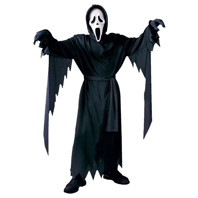 Disfraz de fiesta de Halloween Reaper, disfraz de muerte, disfraz de demonio negro, máscara de calavera aterradora, disfraz de grito para adulto