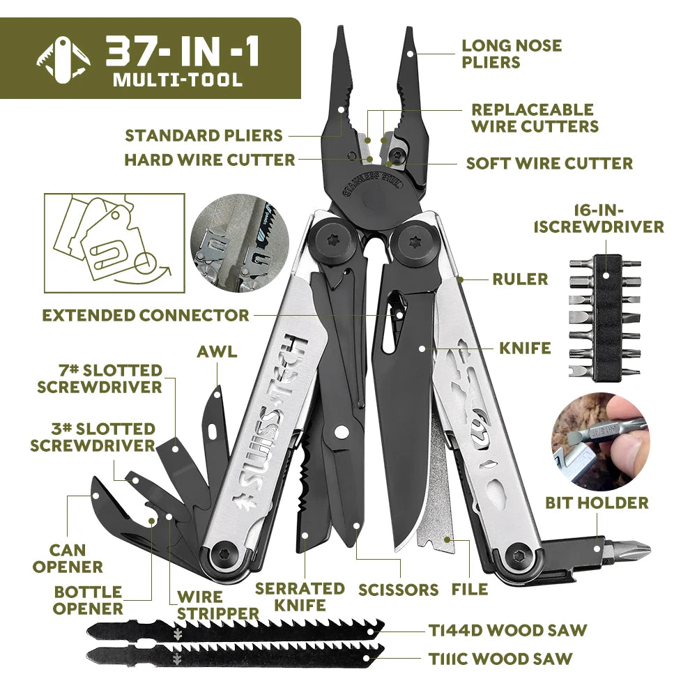 SWISS TECH Multifunctional Folding Pliers 37 in 1 Pocket Knife Portable EDC Tools Kit Set Replaceable Parts Outdoor Camping Gear