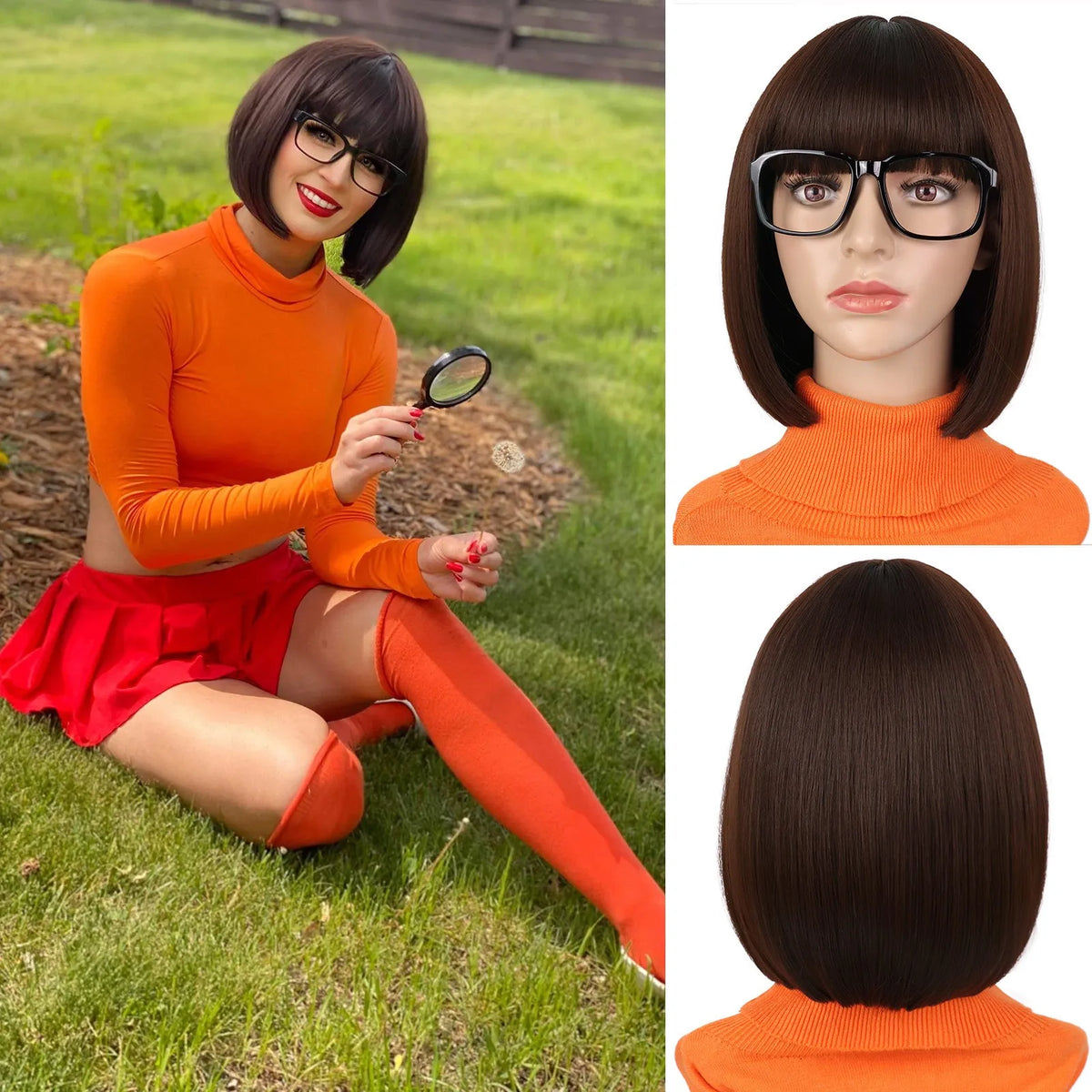Peluca sintética recta con corte Bob con flequillo, disfraz de fibra marrón hecha a máquina para mujeres y niñas, cosplay de Velma, uso diario para fiestas y Halloween