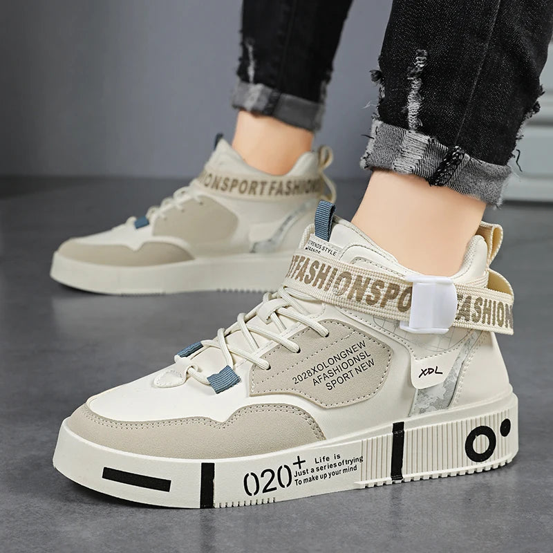 Mens Board Shoes Leather Trendy Anti Slip Flat Bottom Students Hiking Shoes New Comfortable High Top Casual Sports Shoes Man