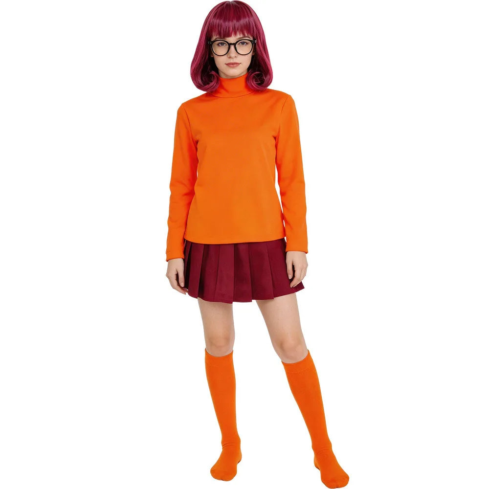 Anime Velma Daphne Cosplay Kostum Orange Short Skirt Uniform Wanita Oranye Kaus Kaki Rok Atas Halloween Party Carnival Set