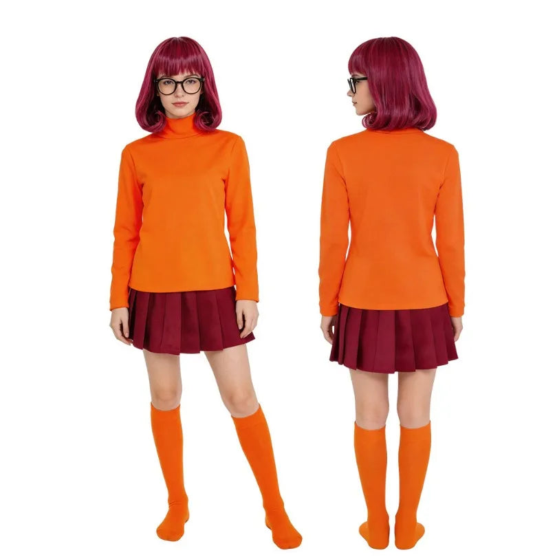 Anime Velma Daphne Cosplay Kostum Orange Short Skirt Uniform Wanita Oranye Kaus Kaki Rok Atas Halloween Party Carnival Set