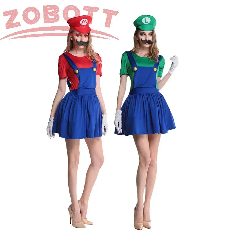 Anime Super Luigi Brothers Cosplay Adult Men and Women Boys Girls Jumpsuit Beard Hat Set Halloween Costume Props