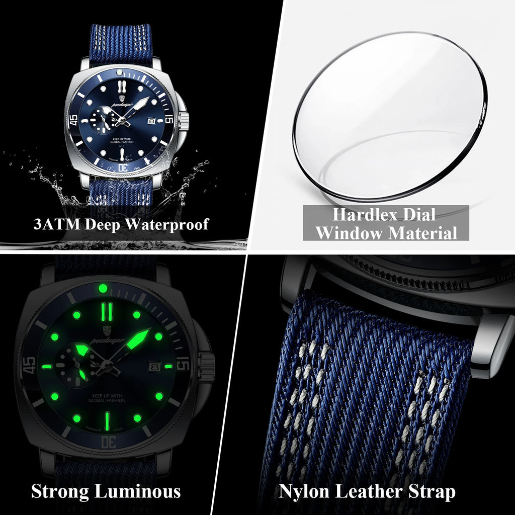 POEDAGAR Top Original Male Wristwatch Luminous Waterproof Date Fashion Men Clock Nylon Leather Quartz Men's Watches Reloj Hombre