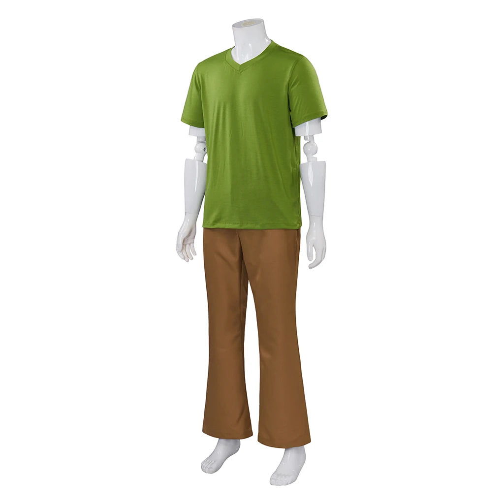 Disfraz de Cosplay Shaggy para hombres adultos, camisa de manga corta con cuello en V verde y pantalones marrones, traje de Halloween