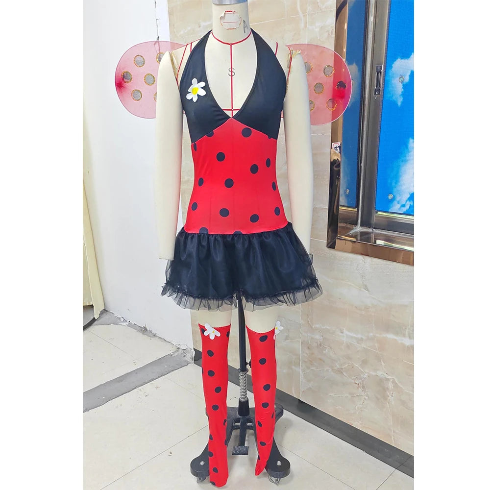 Women Halloween Ladybug Cosplay Costume Beetle Wings Bee Fairy Role Play Costume Dress Headband Leg Warmer 4pcs Outfits