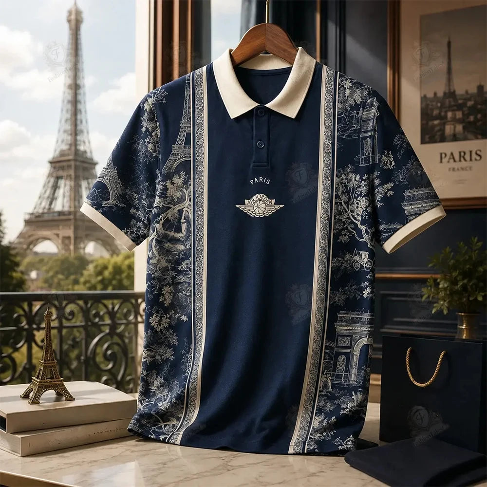 Men's Business High-End Polo Shirt Midnight Paris Jersey Oversized Casual Comfortable Fashionable Sports Top