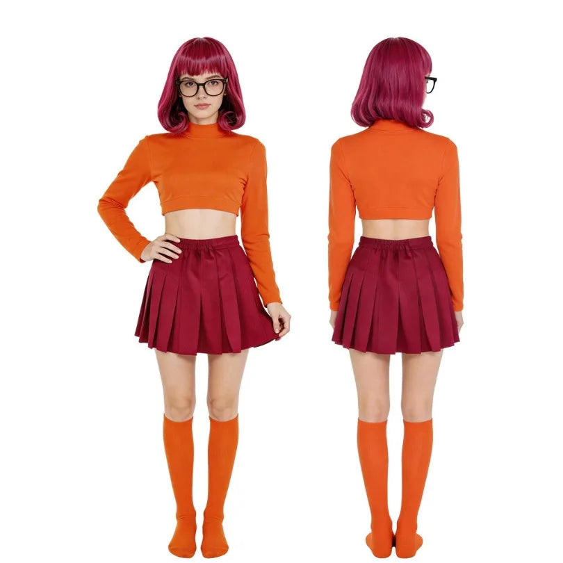 Anime Velma Daphne Cosplay Kostum Orange Short Skirt Uniform Wanita Oranye Kaus Kaki Rok Atas Halloween Party Carnival Set