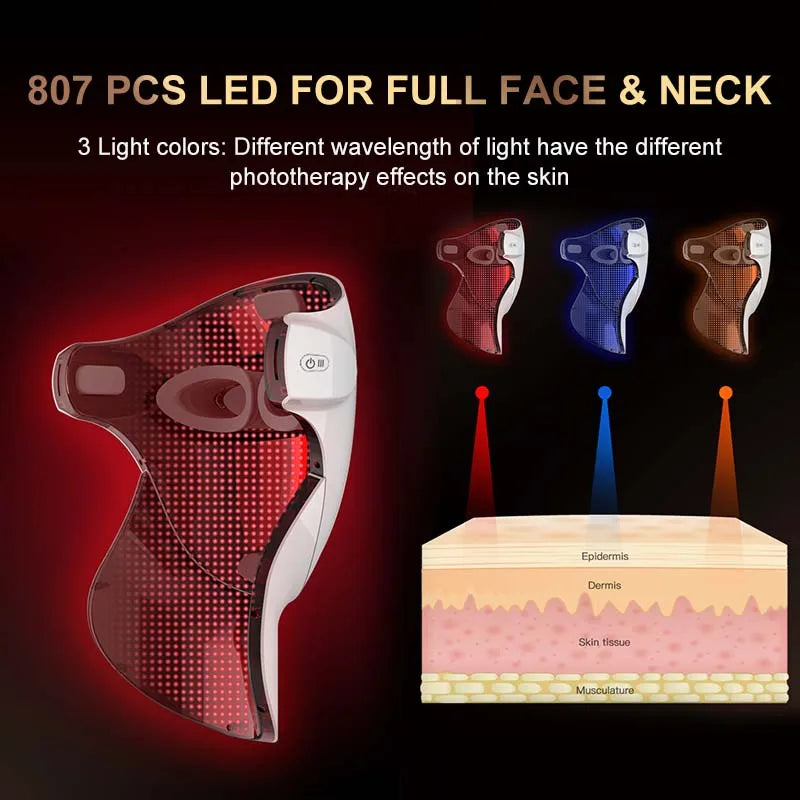 807 Nano lámpara LED máscara facial con terapia de luz LED 3 colores terapia de luz roja máscara antienvejecimiento cara completa con cuello belleza salud