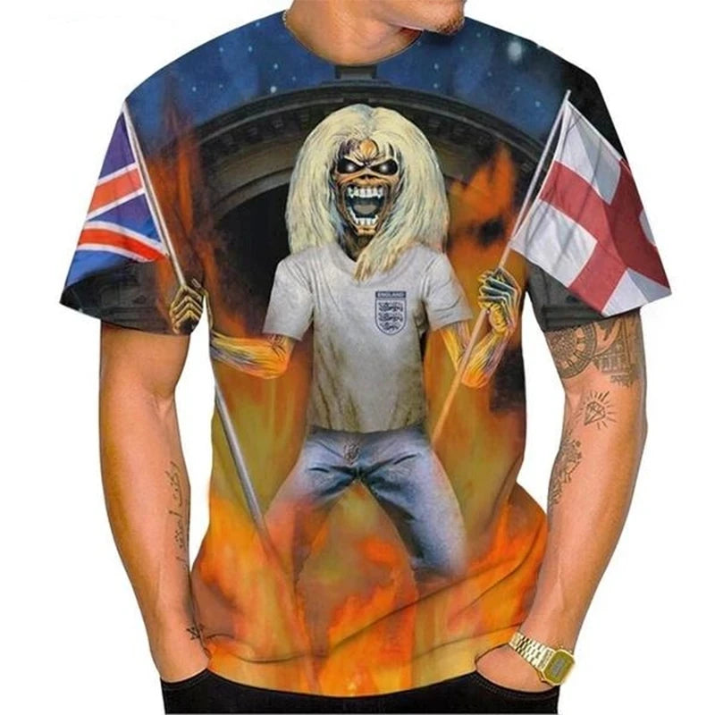 Hot Selling New Product 3D Printed Men's T-shirt Rock Music Round Neck Short Sleeved Heavy Metal Fashion Casual Short Sleeved