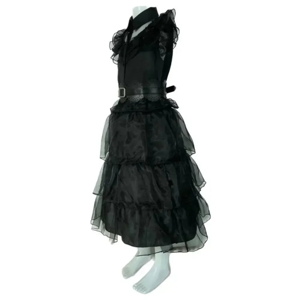 WedAddams Cosplay Costume Women Black Dress Wig Full Set Kids Girls Role Play Gothic Dress Suit Halloween Carnival Party
