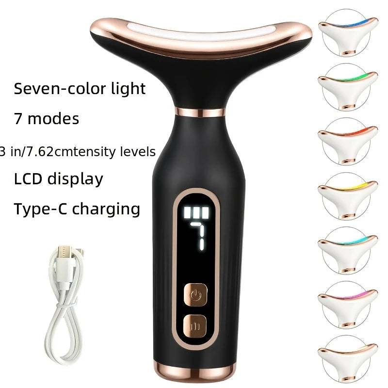 Masajeador Facial y de cuello con luz LED de 7 colores, dispositivo de belleza Facial EMS, pantalla LCD, herramienta de Estiramiento Facial antienvejecimiento para reafirmar la piel