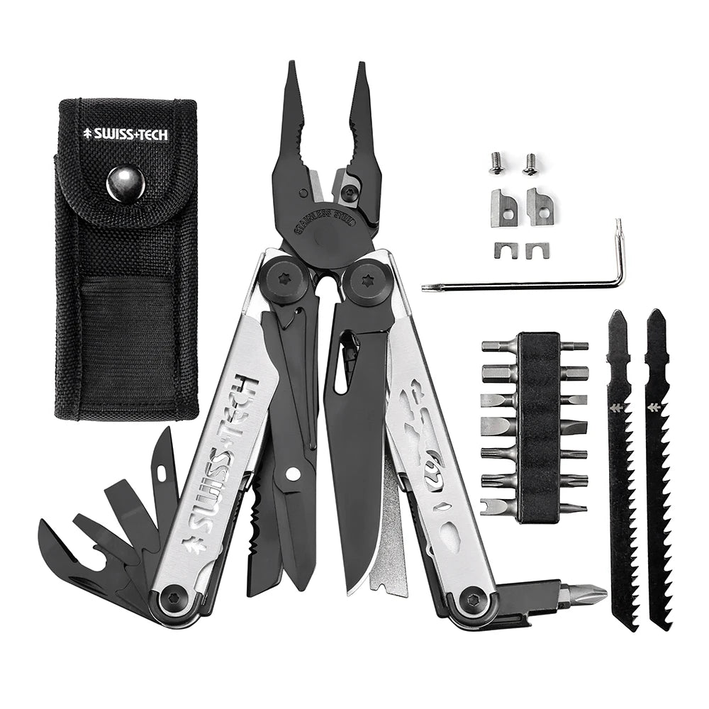 SWISS TECH Multifunctional Folding Pliers 37 in 1 Pocket Knife Portable EDC Tools Kit Set Replaceable Parts Outdoor Camping Gear