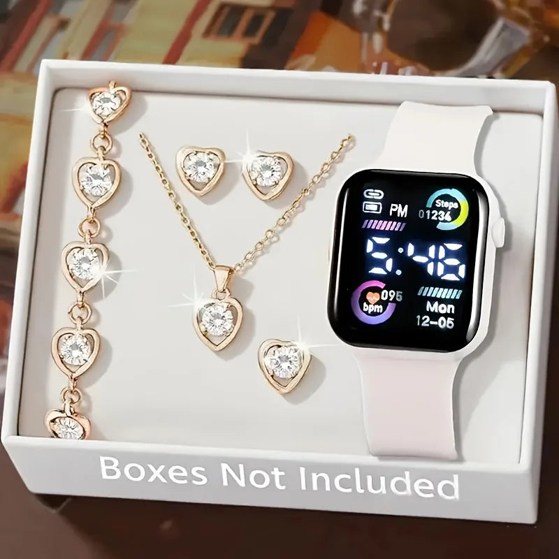 Juego de 6 piezas de reloj electrónico de moda, collar, pendientes, anillo para adolescentes, niños y niñas, la mejor opción para amigos