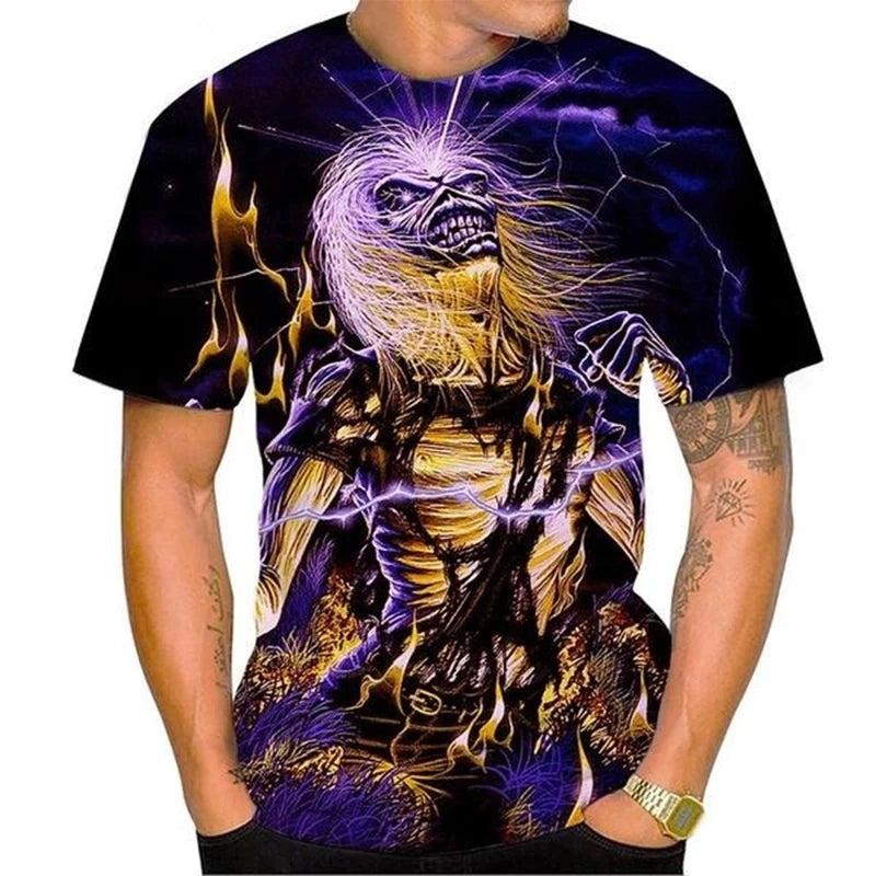 Hot Selling New Product 3D Printed Men's T-shirt Rock Music Round Neck Short Sleeved Heavy Metal Fashion Casual Short Sleeved