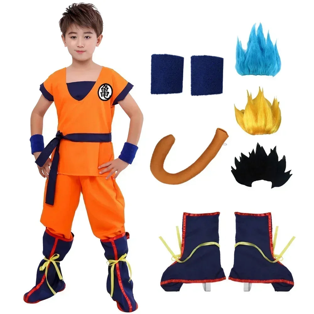 Trajes de Halloween para niños y adultos, Son Goku Gui, Carnaval, Anime, disfraces de vacaciones, peluca de muñeca de cola, vestido azul dorado para niños