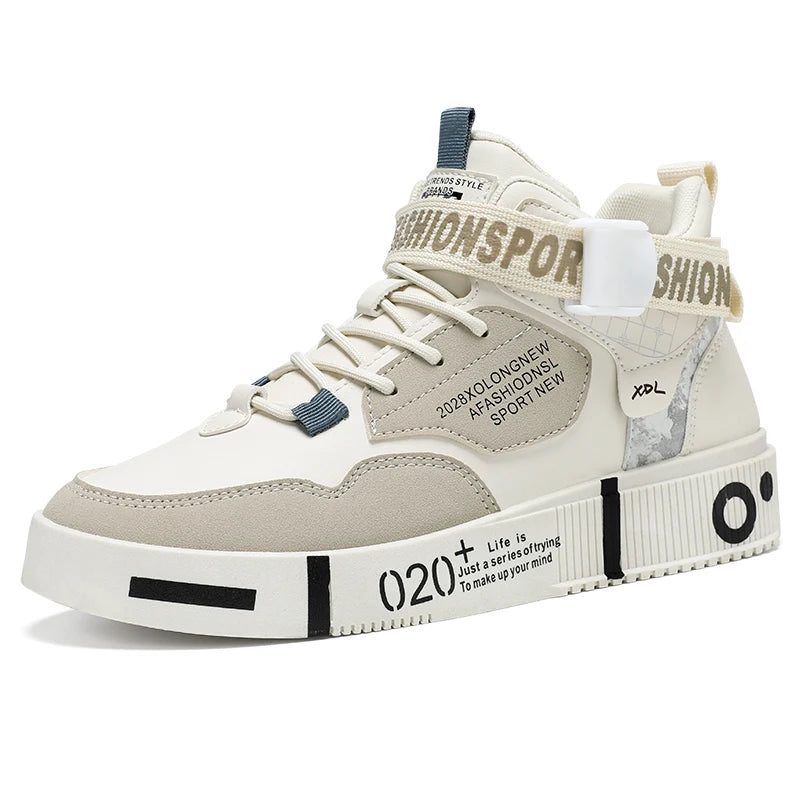 Mens Board Shoes Leather Trendy Anti Slip Flat Bottom Students Hiking Shoes New Comfortable High Top Casual Sports Shoes Man